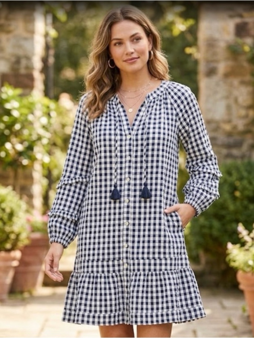 Women Navy and White Gingham Ruffle Dress with Tassel Tie